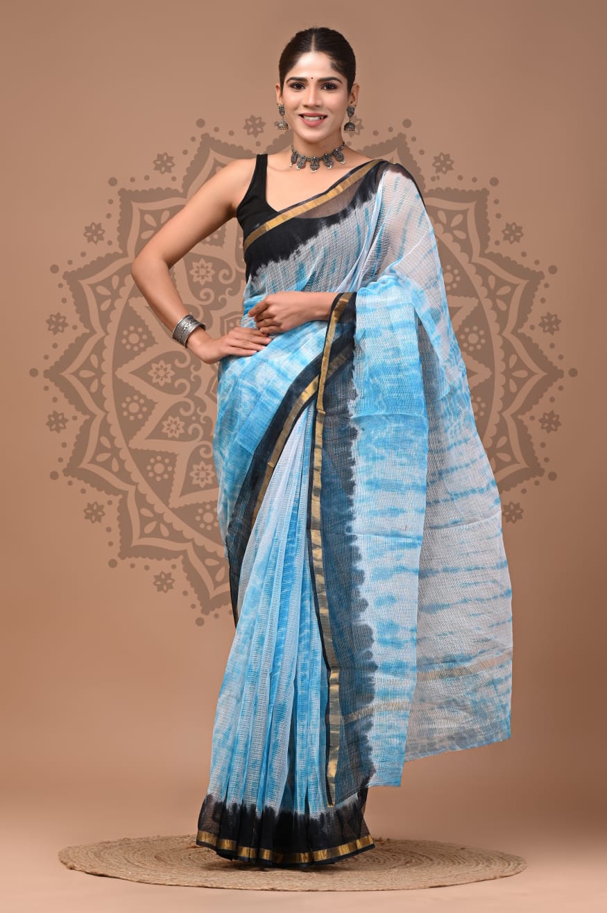 Floral Hand Block Kota Doria Saree