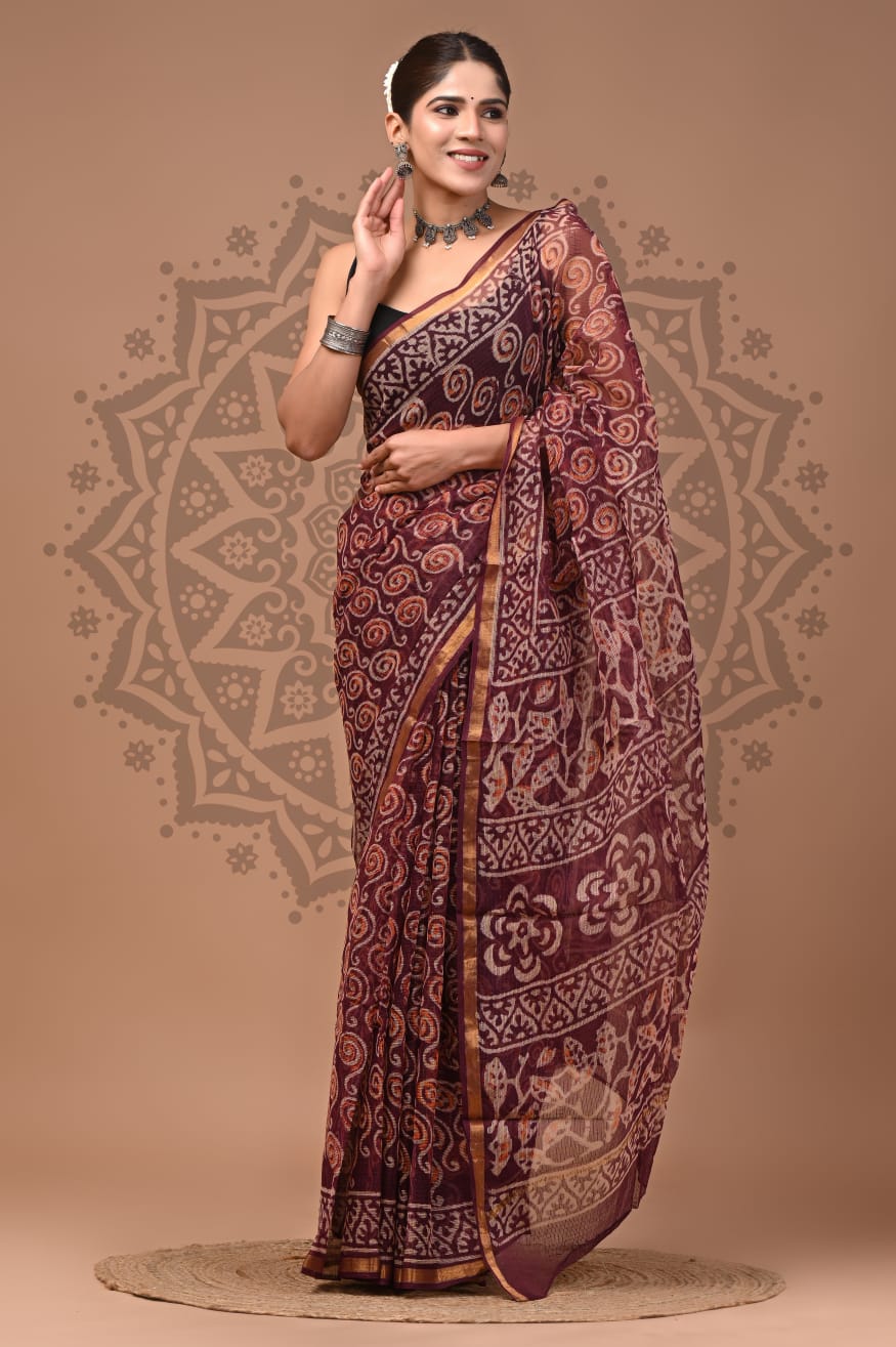 Office Wear Kota Doria Hand Block Saree