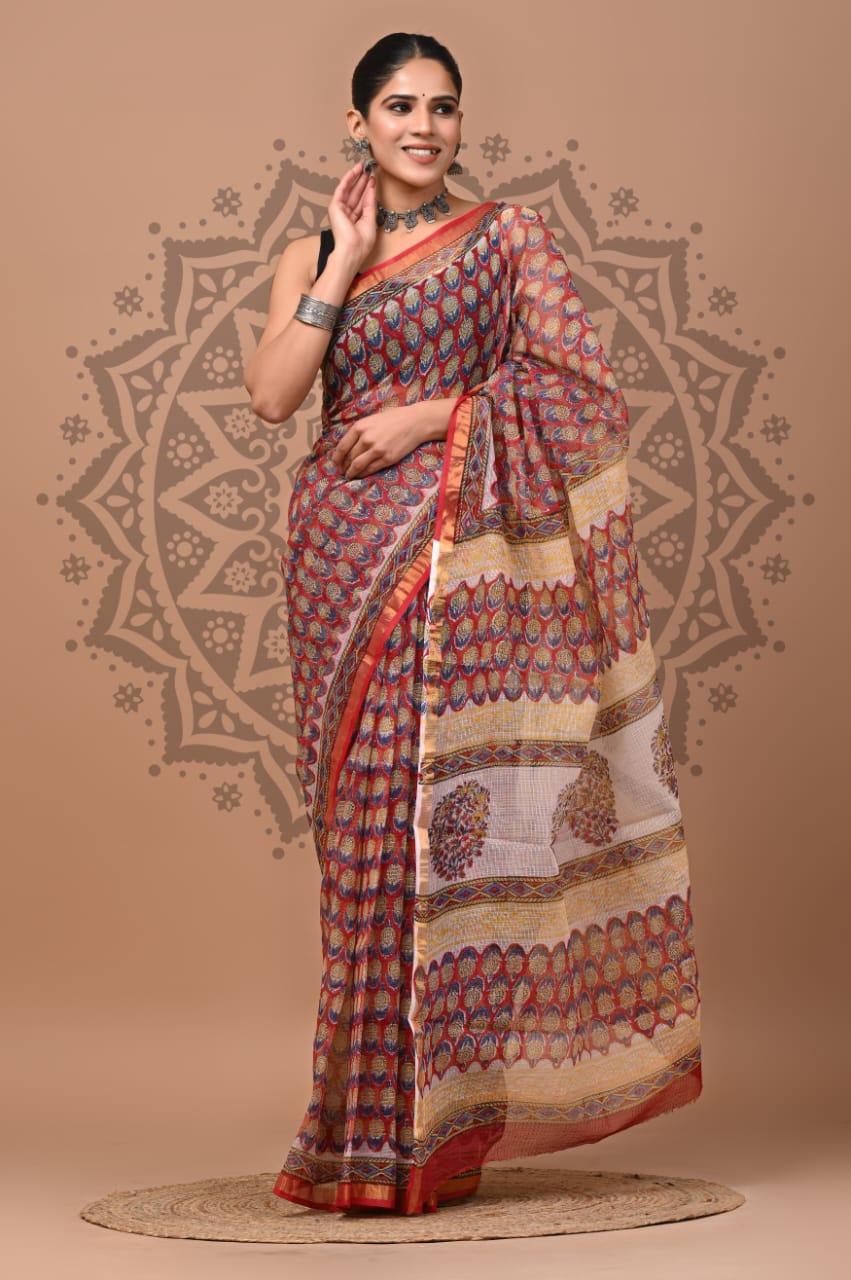 Pure Hand Block Kota Doria Saree