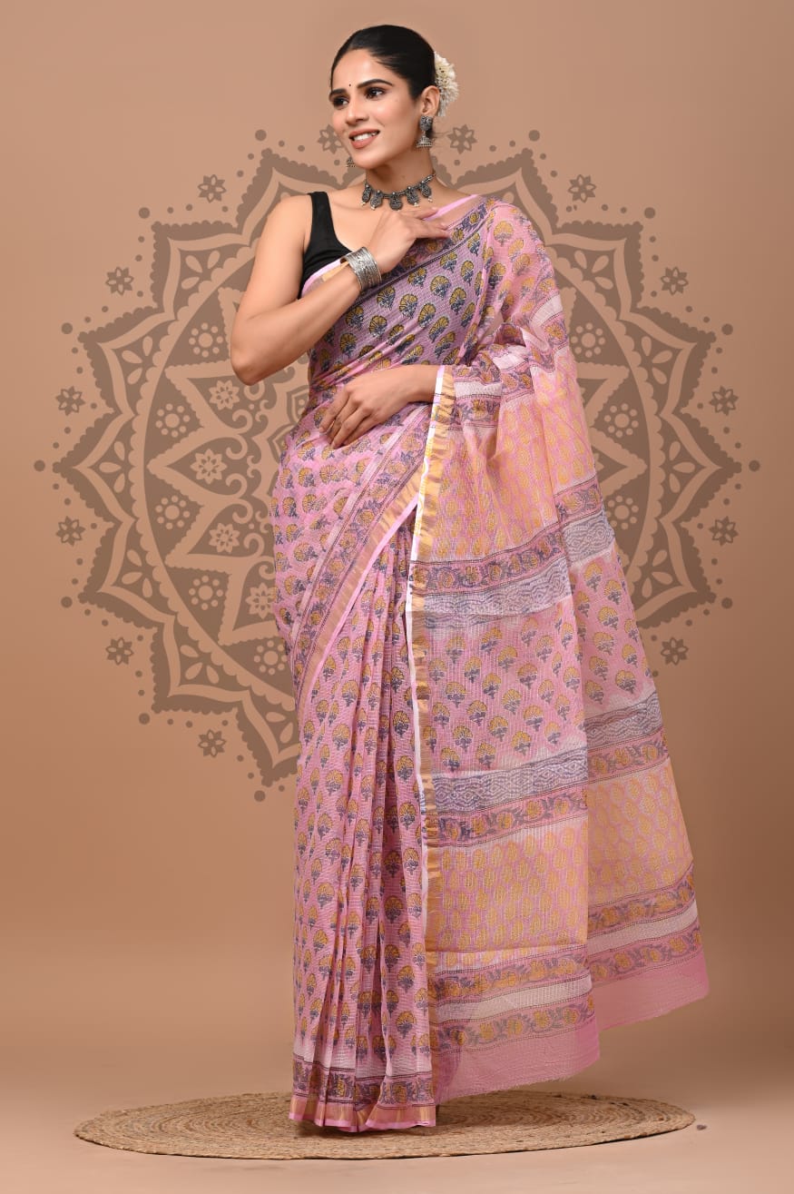 Traditional Kota Doria Hand Block Printed Saree