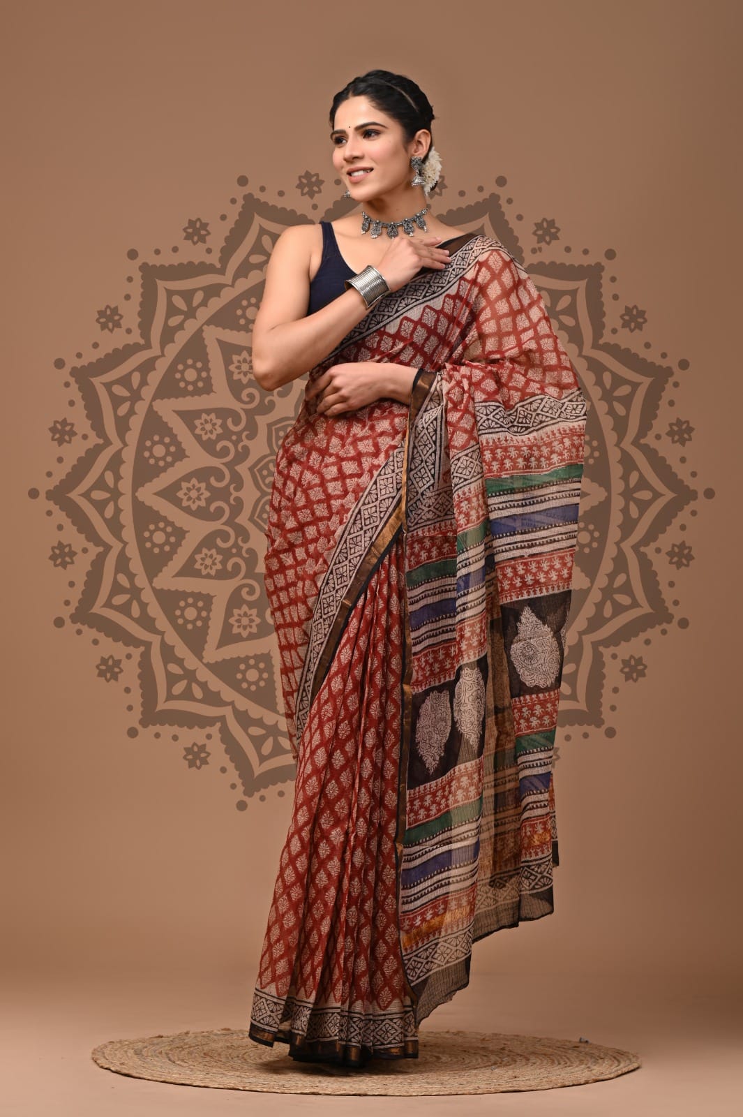 Bagru Hand Block Printed Kota Doria Saree