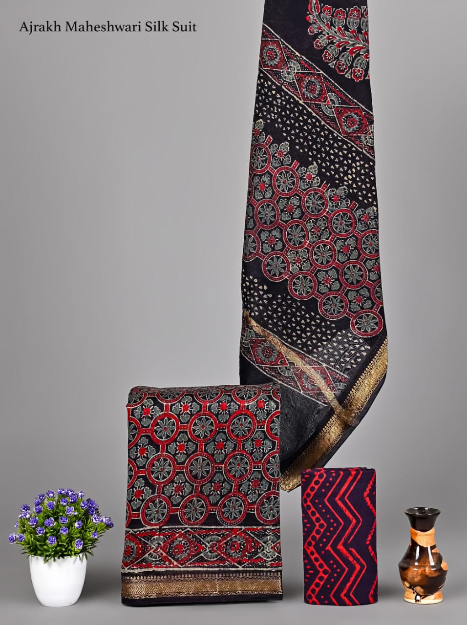 Authentic Bagru Printed Maheshwari Silk Suit