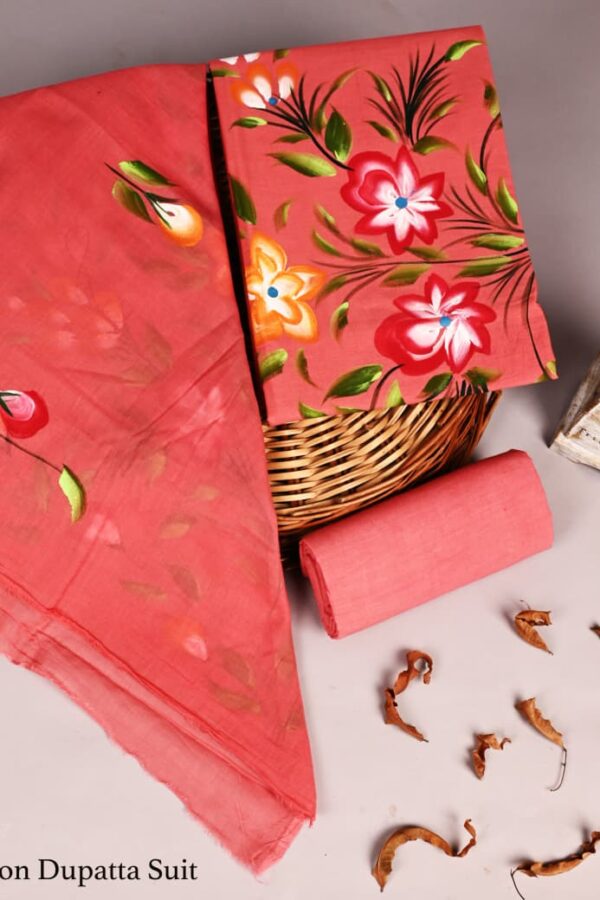 Valentine Red Cotton Suit With Cotton Dupatta