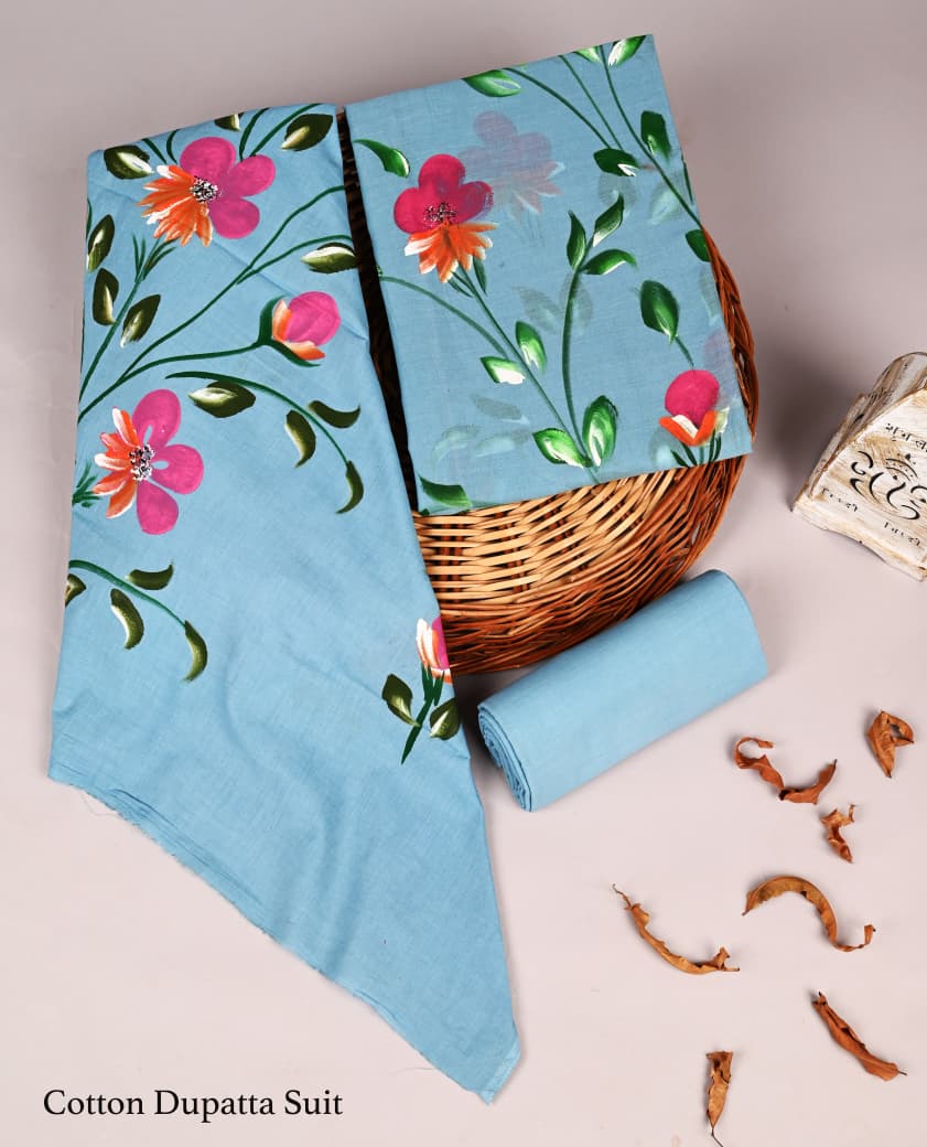 Hand Block Printed Cotton Suit with Cotton Dupatta
