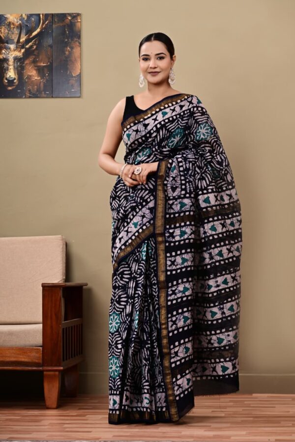 Bagru Hand Block Printed Maheshwari Silk Saree with Traditional Motifs