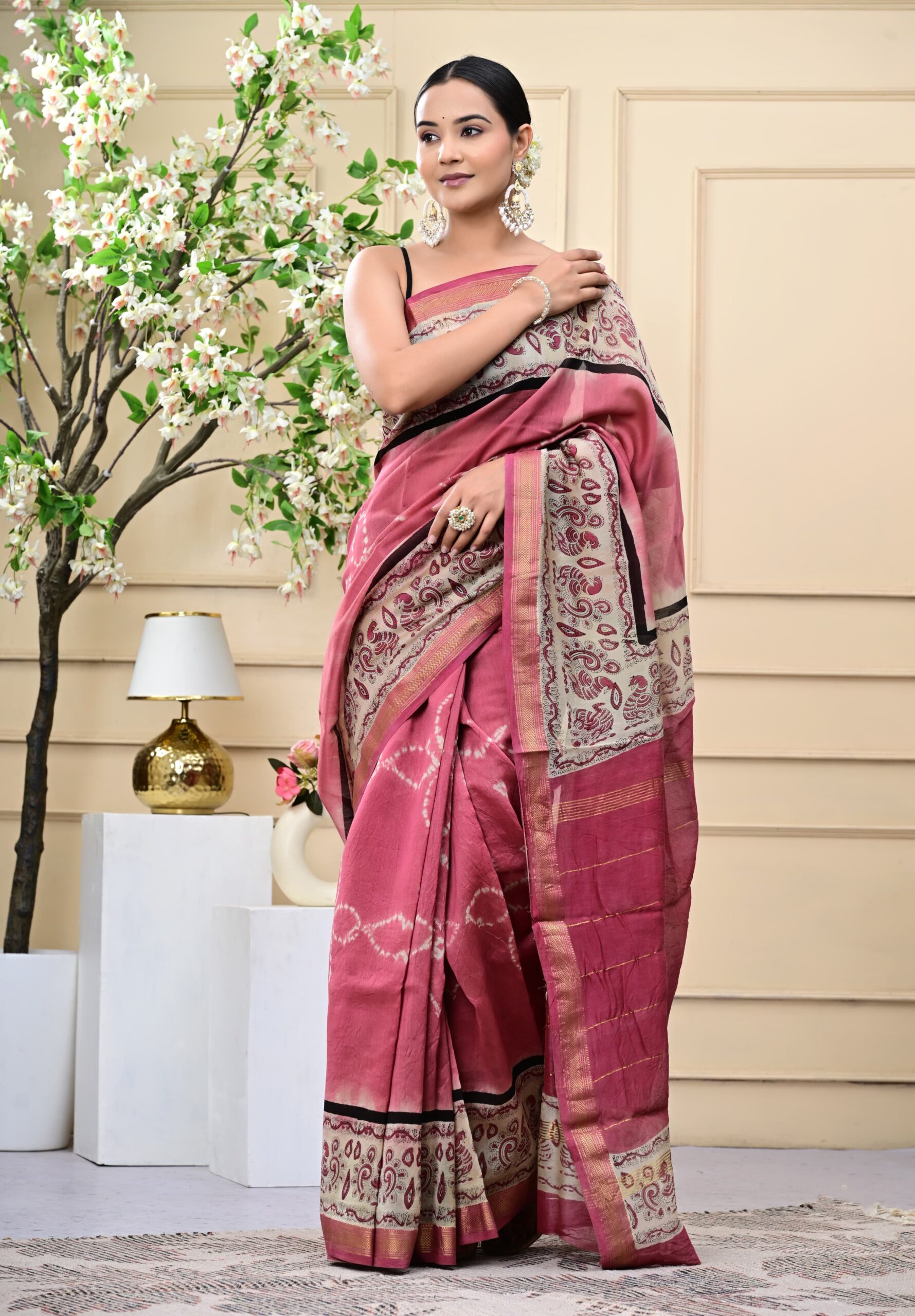 Pure Maheshwari Silk Saree with Bagru Hand Block Print Design