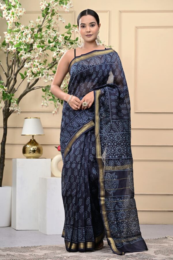 Handcrafted Bagru Print Maheshwari Silk Saree with Elegant Patterns