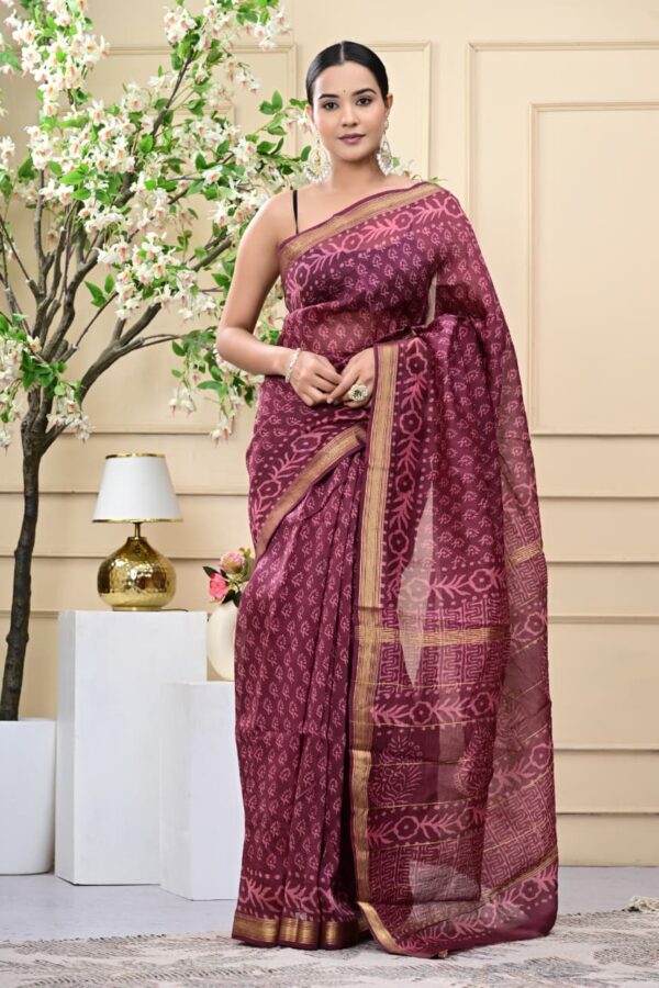 Traditional Maheshwari Silk Saree with Bagru Hand Block Art