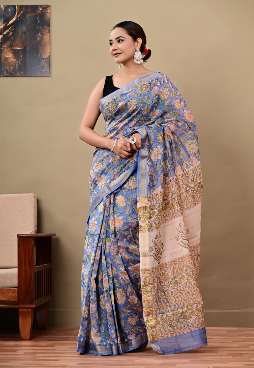 Bagru Hand Block Printed Maheshwari Silk Saree for Ethnic Styling