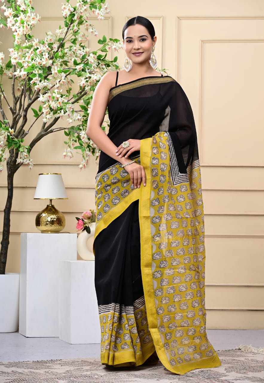 Elegant Maheshwari Silk Saree with Authentic Bagru Printing