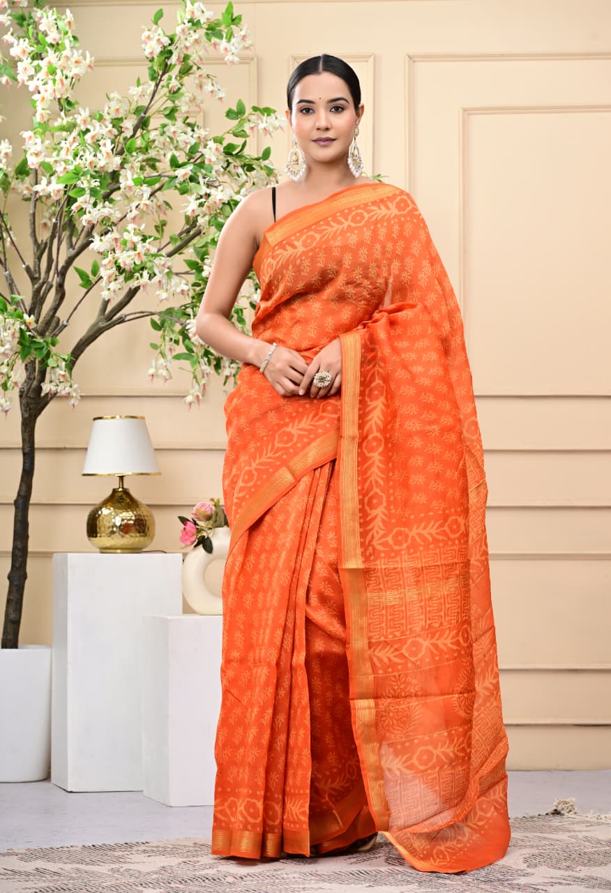 Traditional Bagru Hand Block Maheshwari Silk Saree for Women