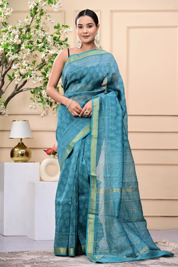 Handcrafted Maheshwari Silk Saree with Bagru Block Print Detailing