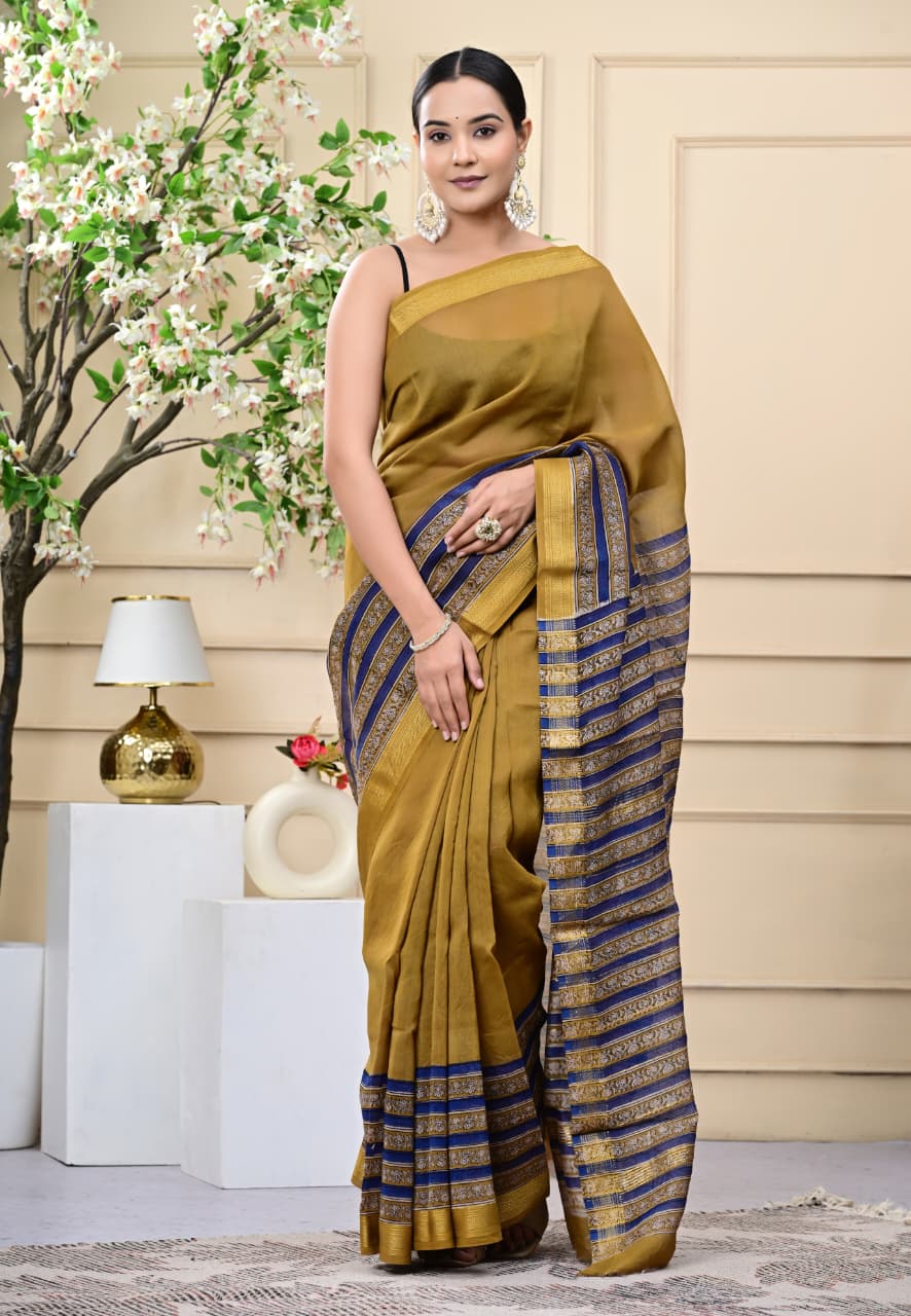Bagru Hand Block Printed Maheshwari Silk Saree with Classic Border