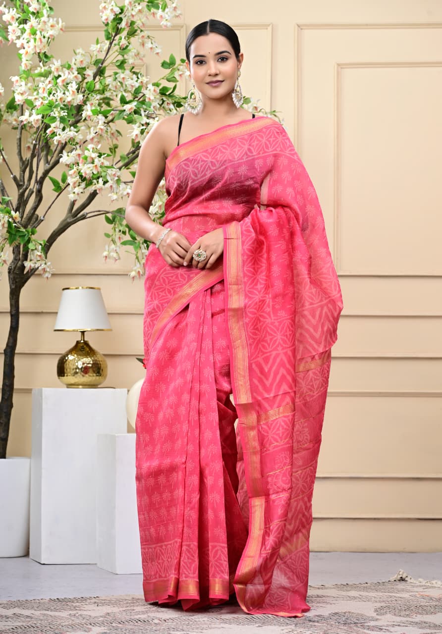 Traditional Bagru Print Maheshwari Silk Saree with Rich Texture