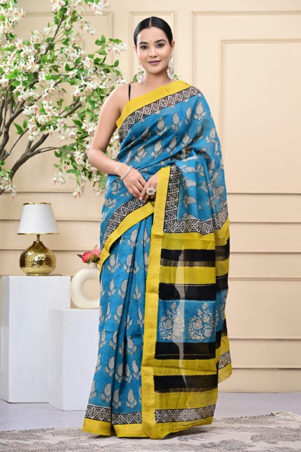 Maheshwari Silk Saree with Detailed Bagru Block Printing