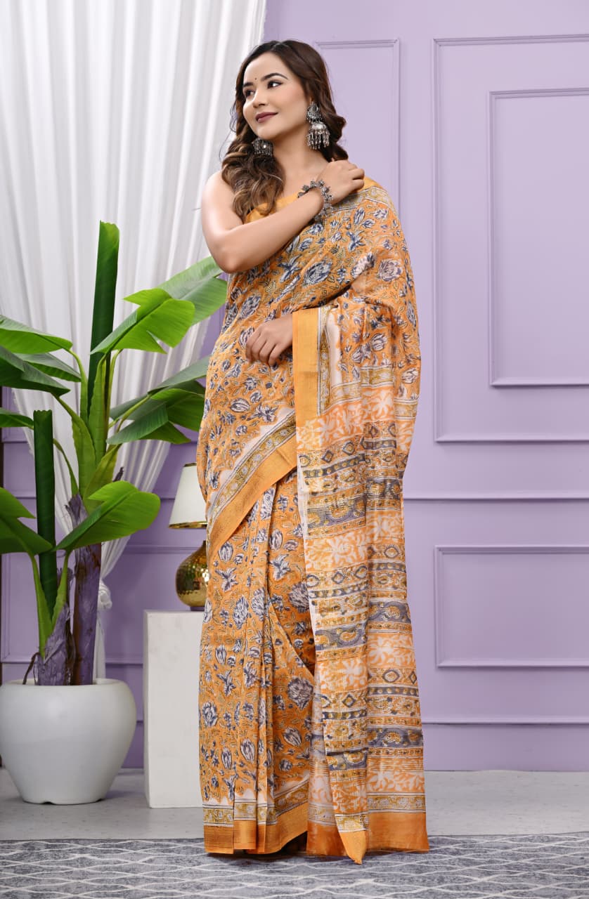 Heritage Bagru Print Maheshwari Silk Saree with Artistic Design