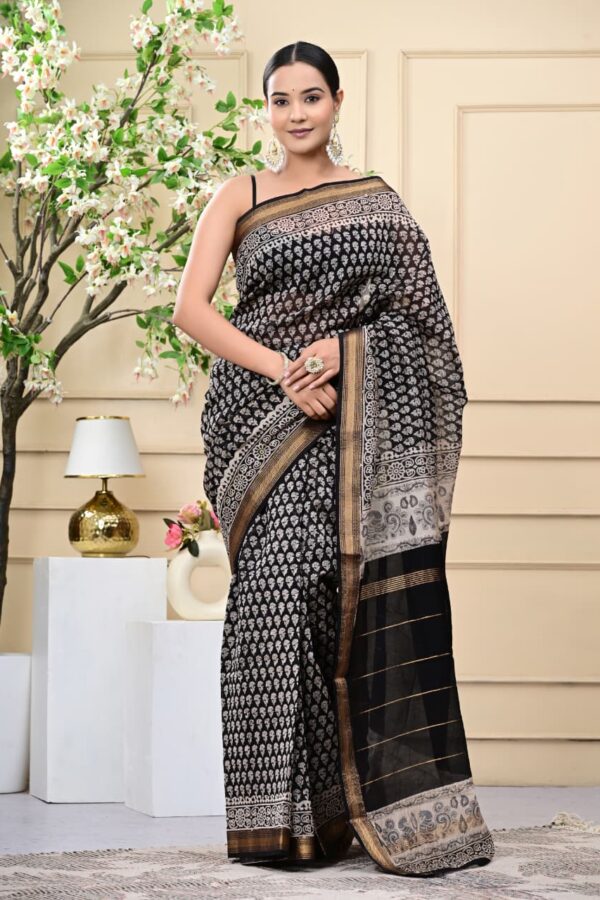 Traditional Bagru Art Maheshwari Silk Saree for Ethnic Wear