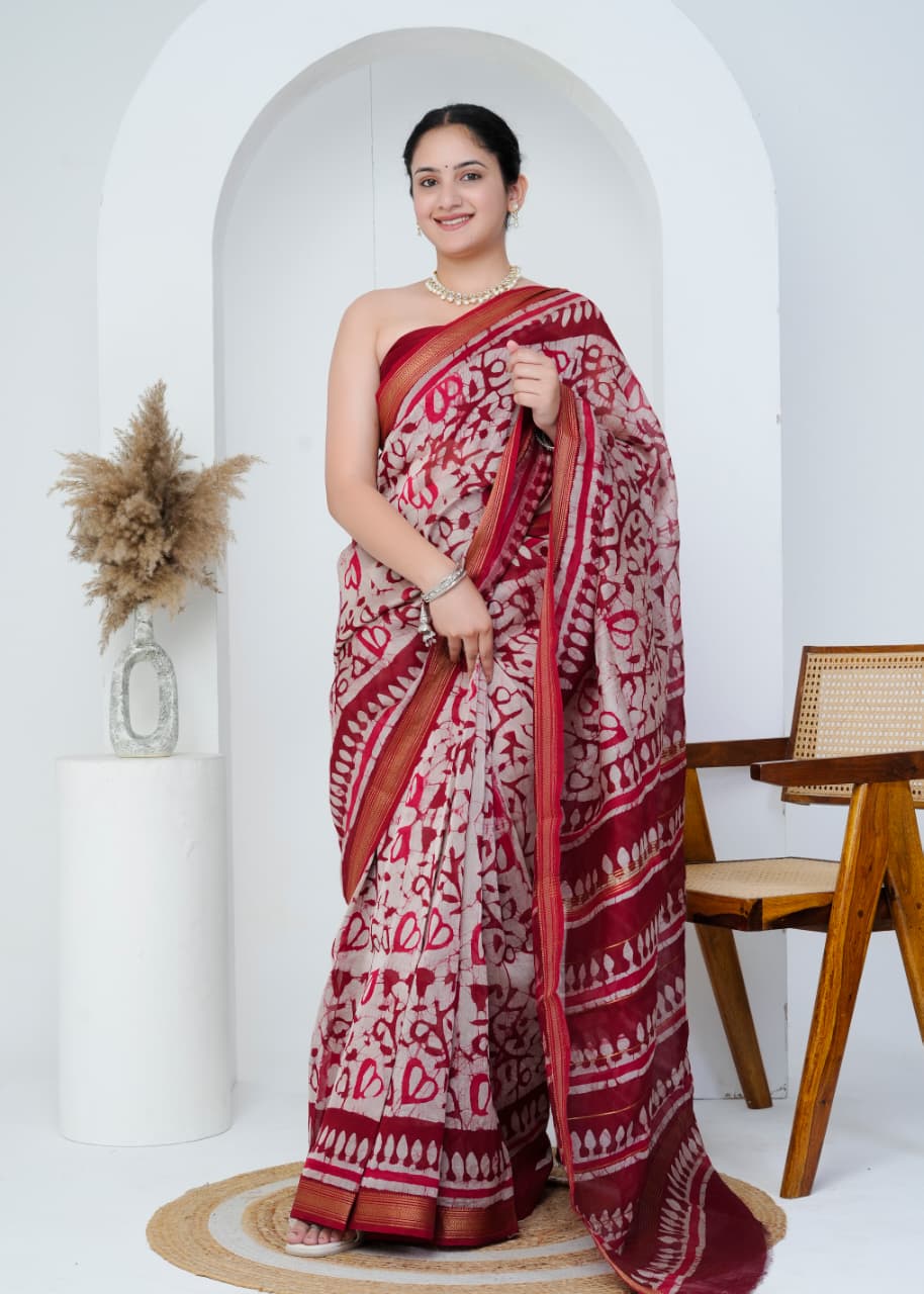 Designer Bagru Printed Maheshwari Silk Saree for Modern Styling