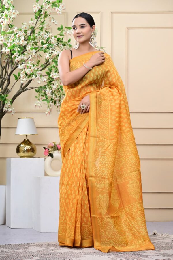 Elegant Hand Block Bagru Maheshwari Silk Saree with Cultural Motifs