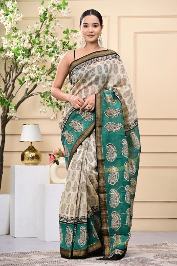 Bagru Hand Block Printed Maheshwari Silk Saree with Fine Detailing