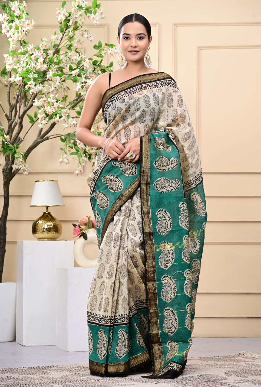Bagru Hand Block Printed Maheshwari Silk Saree with Fine Detailing