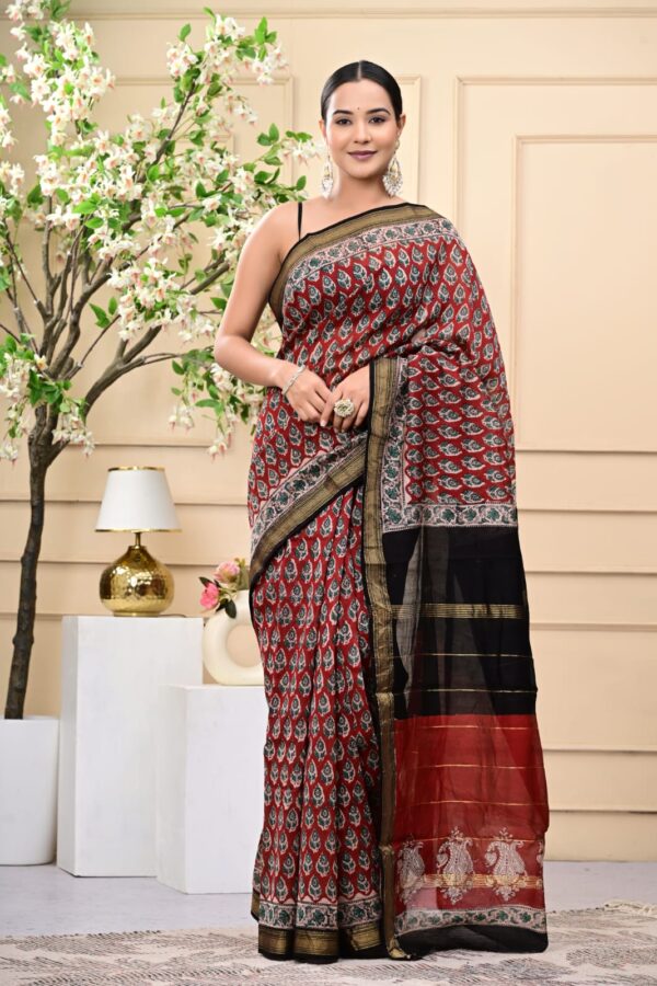Handcrafted Bagru Maheshwari Silk Saree with Ethnic Charm