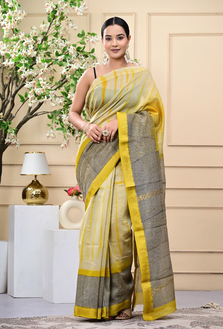Premium Maheshwari Silk Saree with Artistic Bagru Hand Print