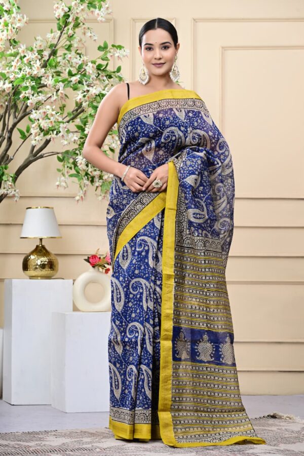 Traditional Bagru Hand Block Maheshwari Silk Saree with Unique Design