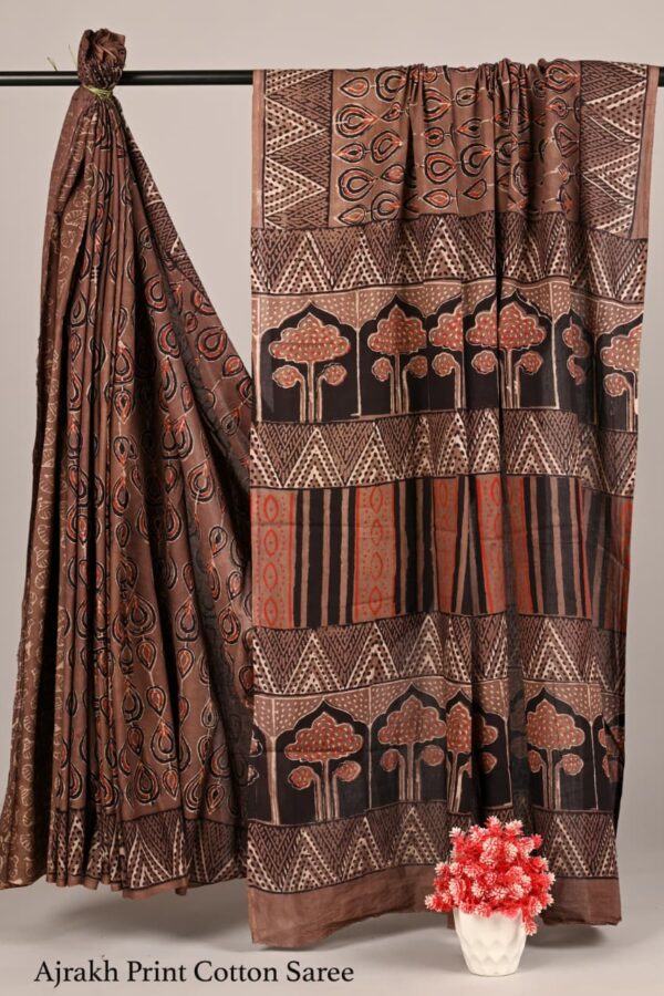Ajrakh Cotton Saree with Ethnic Patterns