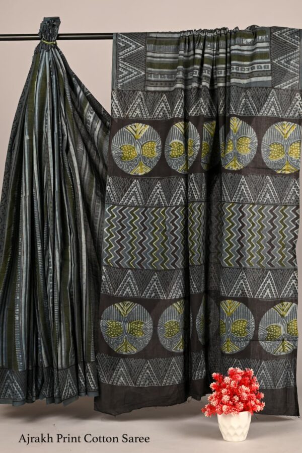 Ajrakh Cotton Saree with Ethnic Motifs