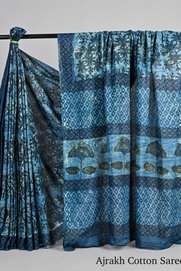 Ajrakh Jahota Hand Block Printed Cotton Saree