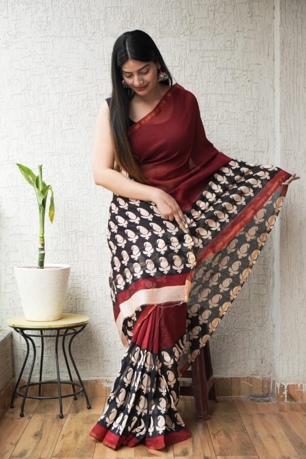 Marron Chanderi Silk Saree Bagru Block Printed