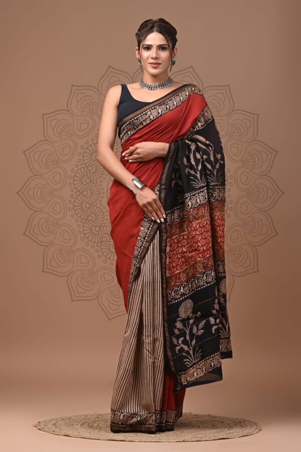 Handmade Traditional Bagru Chanderi Silk Saree with Heritage Prints