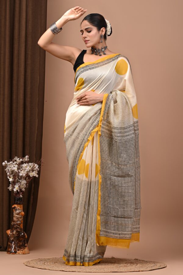 Traditional Natural Dye Bagru Chanderi Silk Saree with Artisan Touch