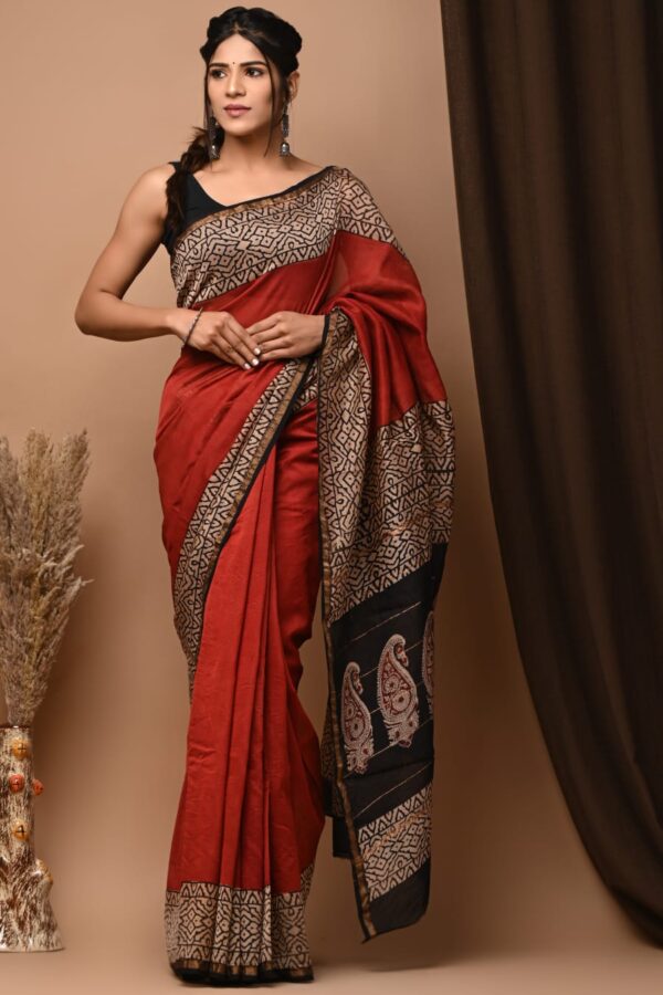 Traditional Natural Dye Bagru Chanderi Silk Saree with Fine Craft
