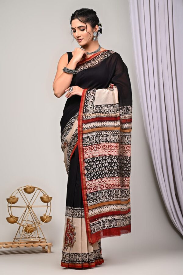 Natural Dye Heritage Bagru Chanderi Silk Saree with Handmade Style