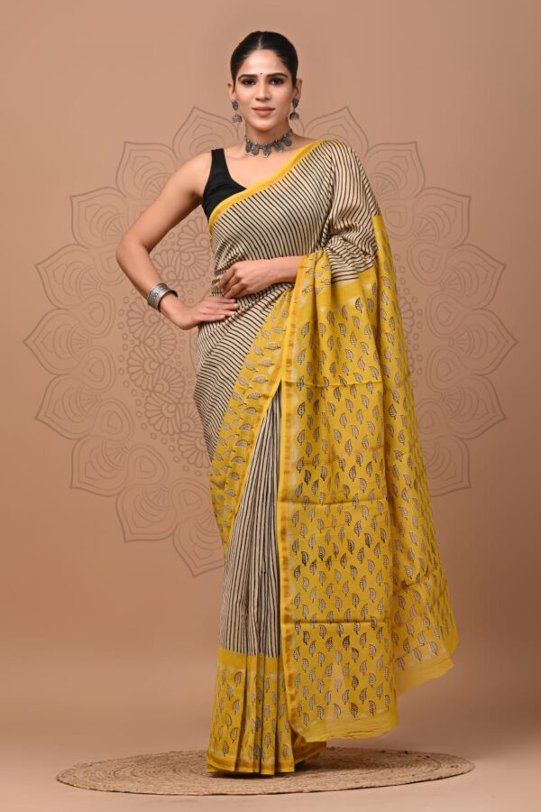 Pure Handcrafted Traditional Natural Dye Bagru Chanderi Silk Saree