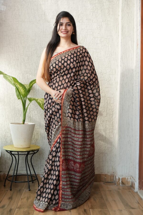 Elegant Hand Block Bagru Chanderi Silk Saree