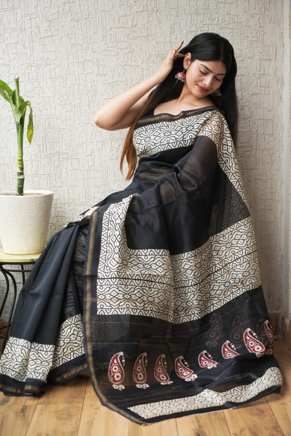 Handcrafted Bagru Printed Chanderi Silk Saree