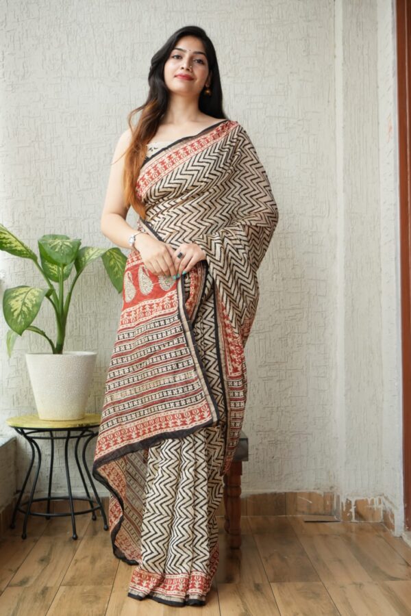 Traditional Bagru Block Print Chanderi Silk Saree Handmade Design