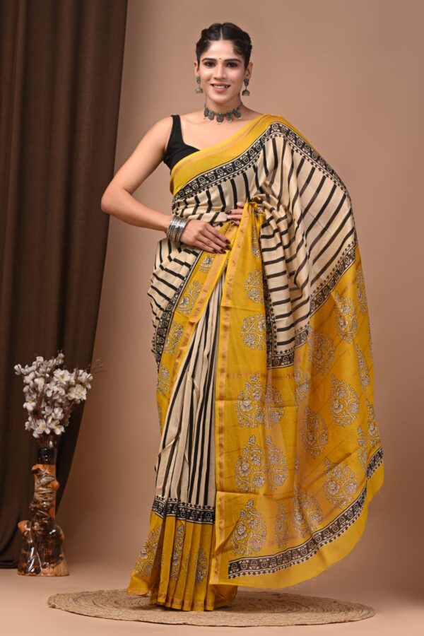 Handmade Bagru Block Printed Chanderi Silk Saree for Ethnic Wear