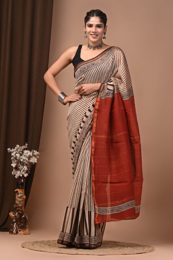 Traditional Craft Bagru Chanderi Silk Saree with Fine Detailing