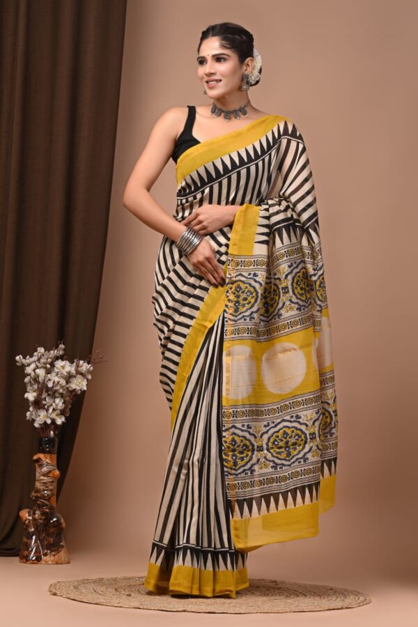 Natural Dye Printed Bagru Chanderi Silk Saree Handmade