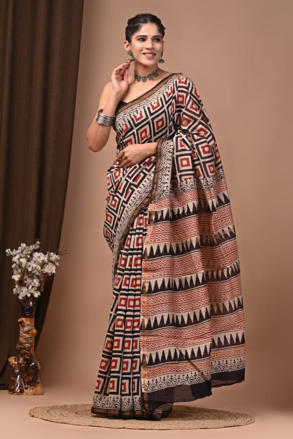 Fine Artisanal Bagru Chanderi Silk Saree with Handcrafted Touch