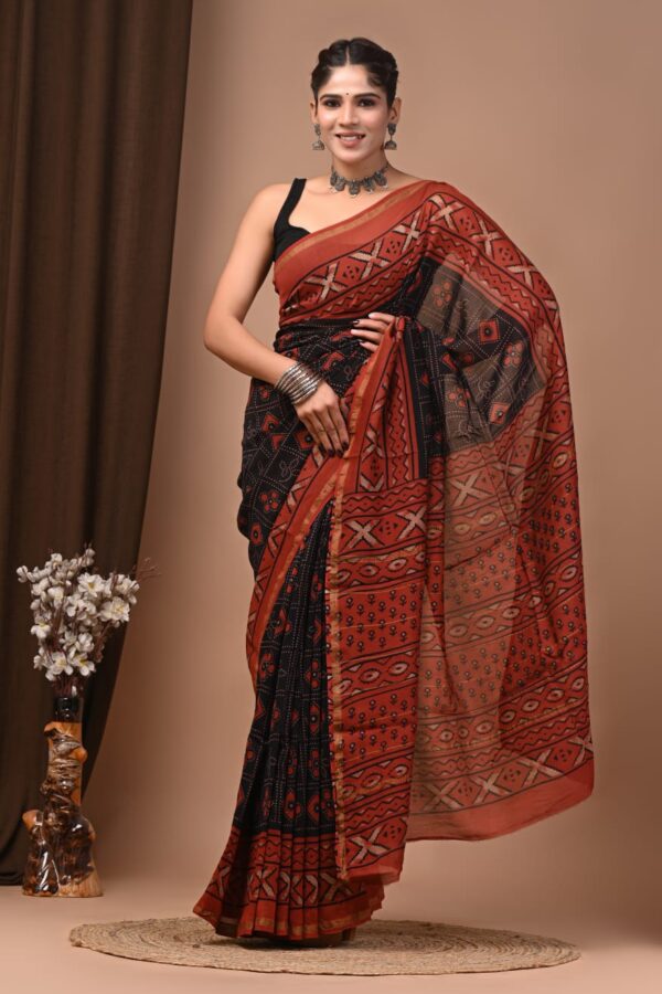 Authentic Handmade Bagru Chanderi Silk Saree with Natural Prints