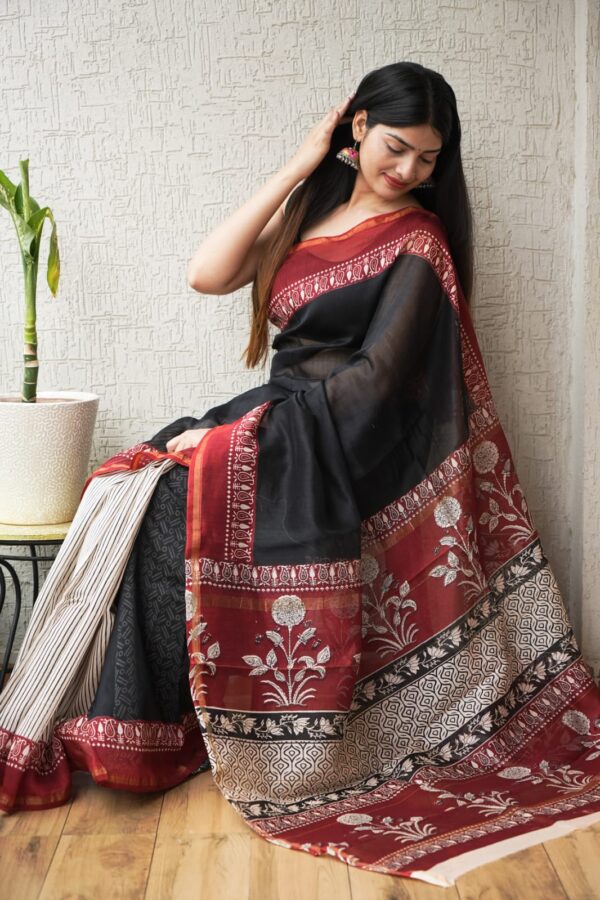 Artisanal Bagru Hand Block Chanderi Silk Saree