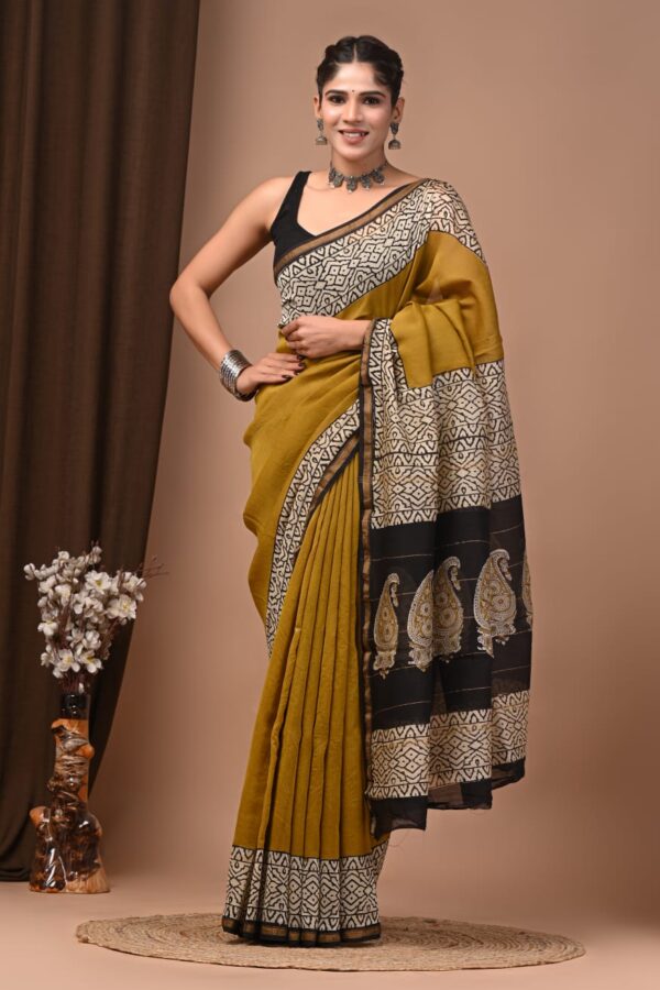 Classic Natural Dye Bagru Printed Chanderi Silk Saree Handmade
