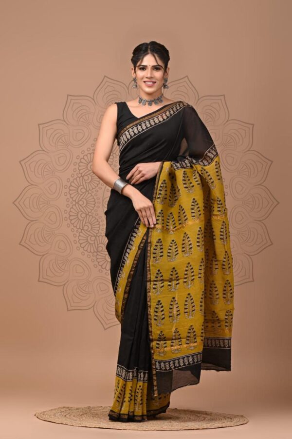 Natural Dye Inspired Bagru Chanderi Silk Saree with Handcrafted Detail