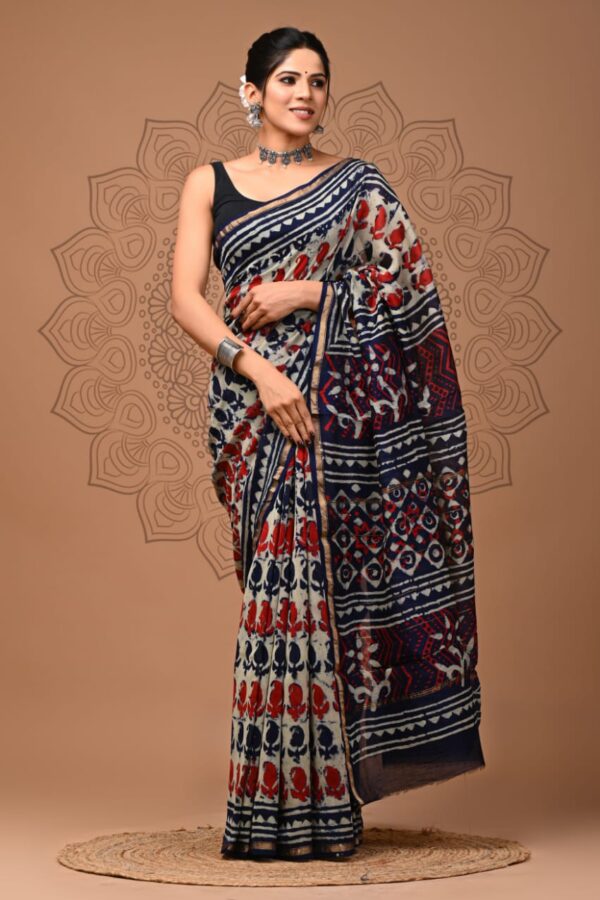 Natural Dye Bagru Chanderi Silk Saree with Classic Artisan Work
