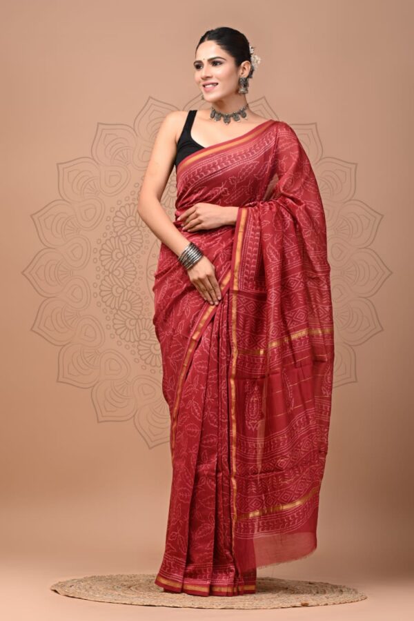 Handcrafted Indian Bagru Chanderi Silk Saree with Traditional Prints